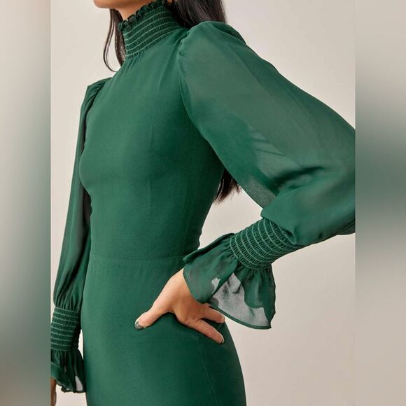 Reformation Archie Shirred Georgette Mini Dress Green Women’s 4 Long-Sleeve High - Picture 10 of 14